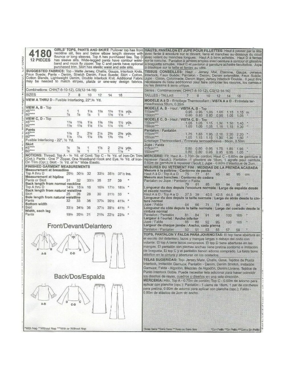 Vintage Sewing Pattern McCalls 4180 Girls Top Pants & Skirt Size 7-8-10-12 UnCut - Picture 4 of 6